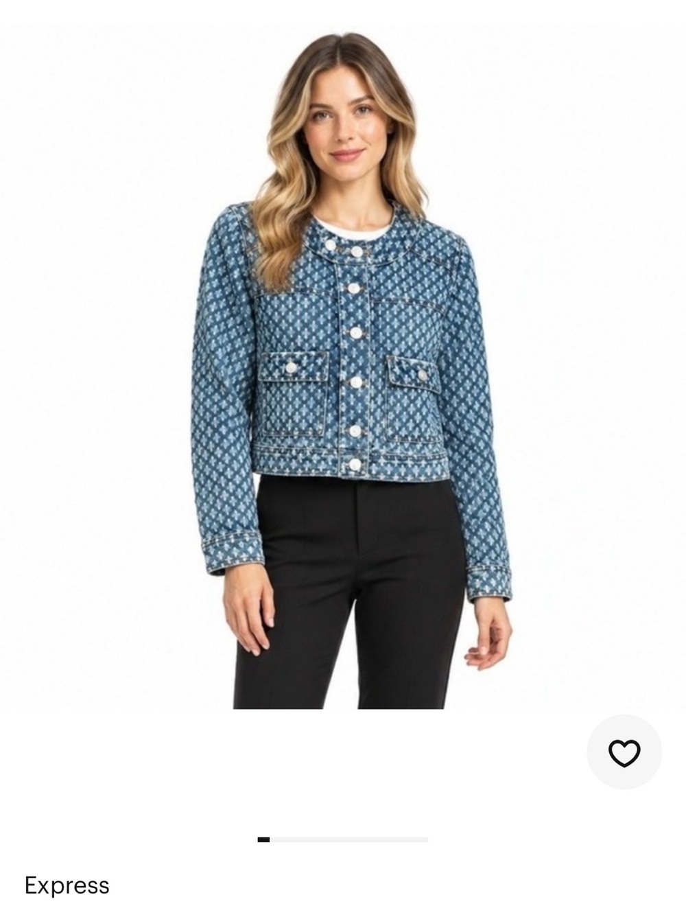 Express Blue Cropped Patterned Denim Jacket with Pearl Buttons